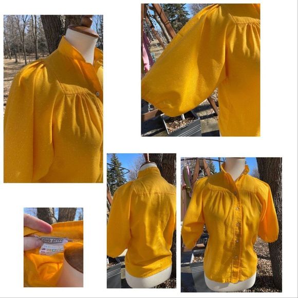 Vintage | 70s Saffron Slubbed Blouse Balloon Sleeve Mock Collar Sz 5 S/M - Picture 11 of 11